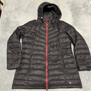 Lands End Down Puffer Jacket Womens XL 18 Black Long Hooded Coat ***flaw